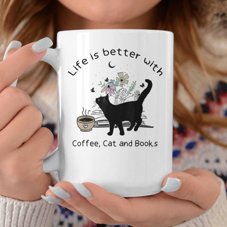 Life Is Better With Coffee Cat And Books Cat Sayings For Men Women Girls Kids Graphic Print Coffee Mug Unique Gifts