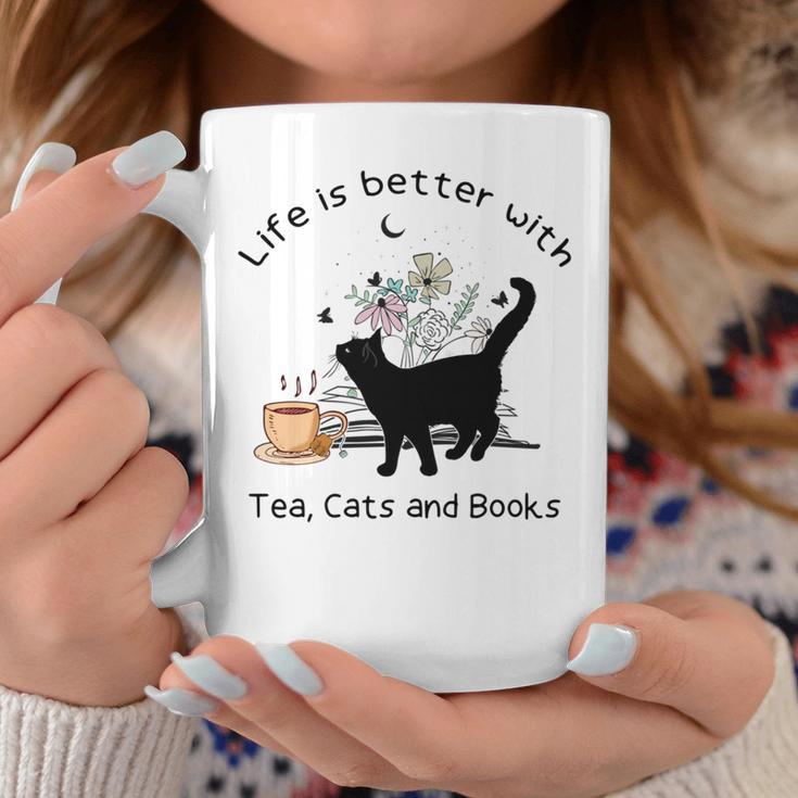 Life Is Better With Tea Cats And Books Cat Sayings Graphic Print Coffee Mug Unique Gifts