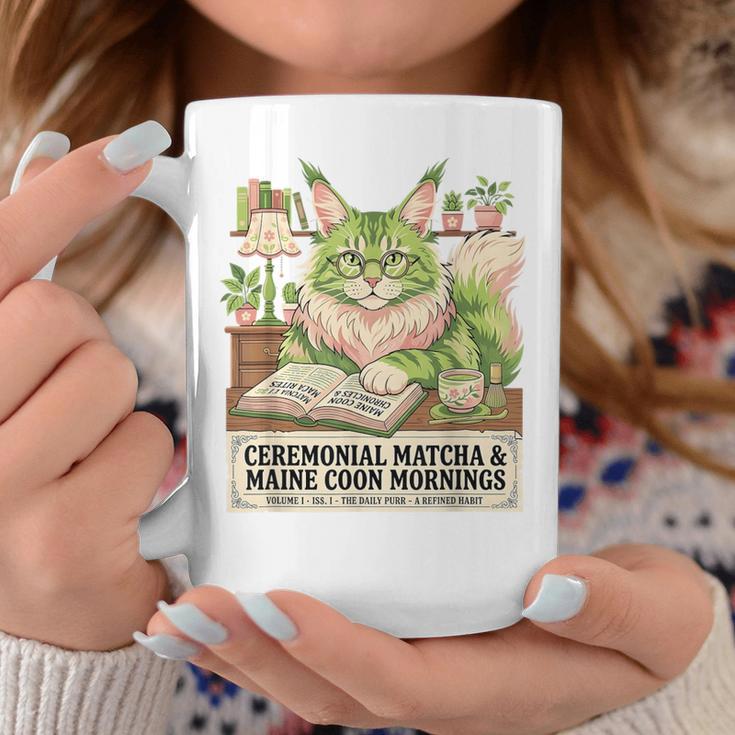 Matcha Drinking Maine Coon Cat Reading Books Aesthetic Graphic Print Coffee Mug Unique Gifts