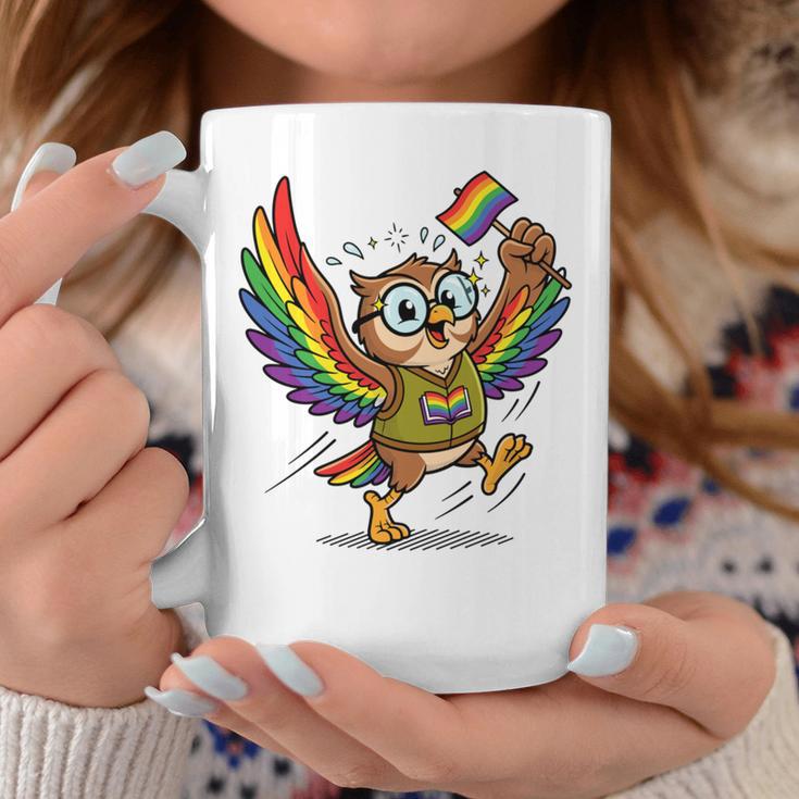 Owl With Pride Flag Book Lover Rainbow Library Graphic Print Coffee Mug Unique Gifts