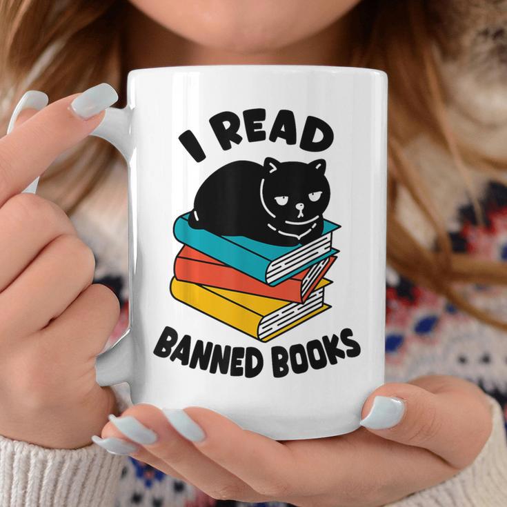 I Read Banned Books Tshirt Cat Reader Bookworm Women Graphic Print Coffee Mug Unique Gifts