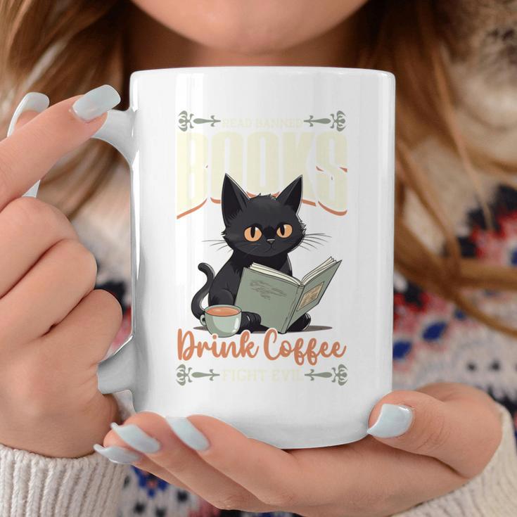 Read Banned Books Drink Coffee Fight Evil Cat Free Speech Graphic Print Coffee Mug Unique Gifts