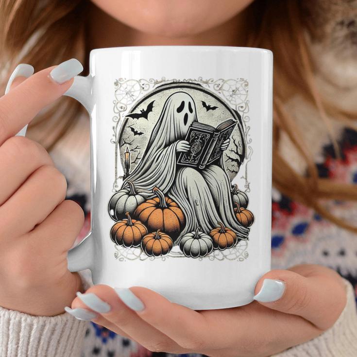 Vintage Ghost Reading Book Pumpkins Goth Halloween Teachers Graphic Print Coffee Mug Unique Gifts