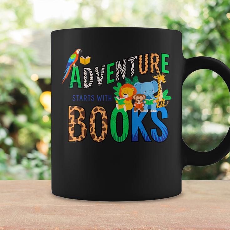 Adventure Starts With Books Jungle Animals Kids Reading Them Graphic Print Coffee Mug Gifts ideas Adventure Starts With Books Jungle Animals Kids Reading Them Graphic Print Coffee Mug Gifts ideas
