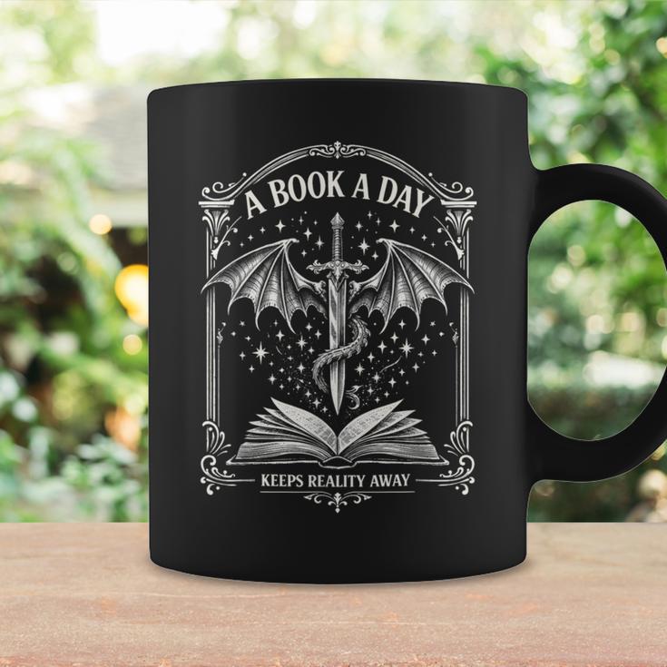 A Book A Day Keeps Reality Away Classic Fantasy Dragon Graphic Print Coffee Mug Gifts ideas