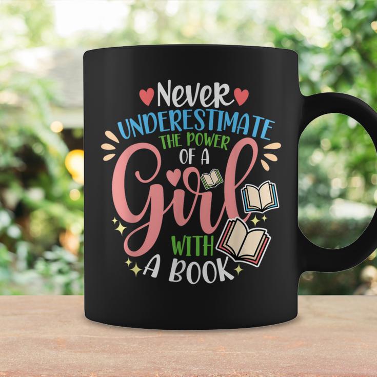 Book Reader Reading Literature Bookworm Idea Never Underestimate The Power Of A Girl With A Book Women's Short Sleeve Cotton 60 Polyester 40 Classic Fit Crew Neck Small Graphic Print Coffee Mug Gifts ideas