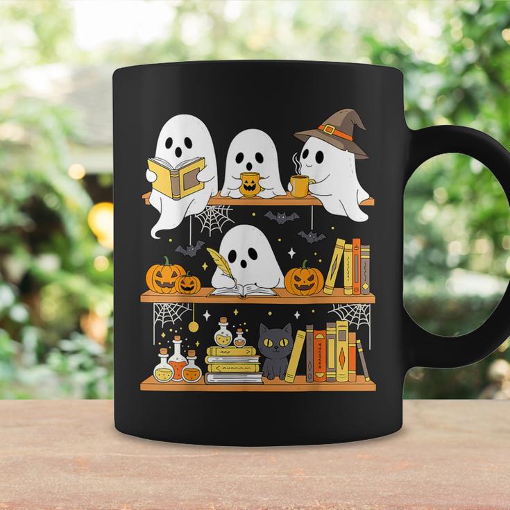 Cute Halloween Ghost Bookshelf Cat Book Lover Graphic Print Coffee Mug Gifts ideas