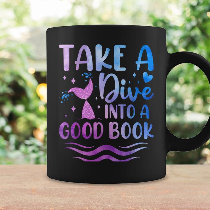 Cute Mermaid Librarian Teacher Dive Into A Good Book Reading Graphic Print Coffee Mug Gifts ideas