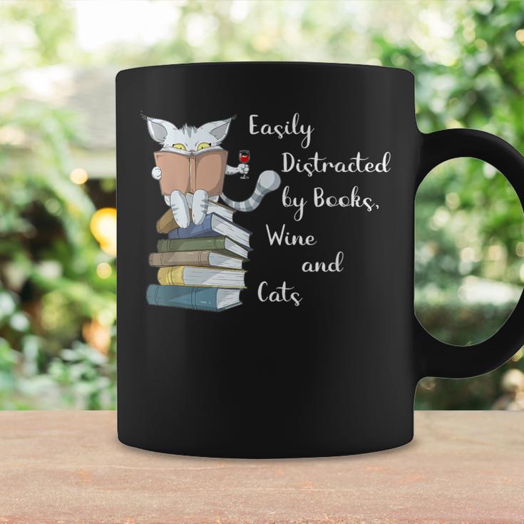 Easily Distracted By Books Wine And Cats Lover Graphic Print Coffee Mug Gifts ideas