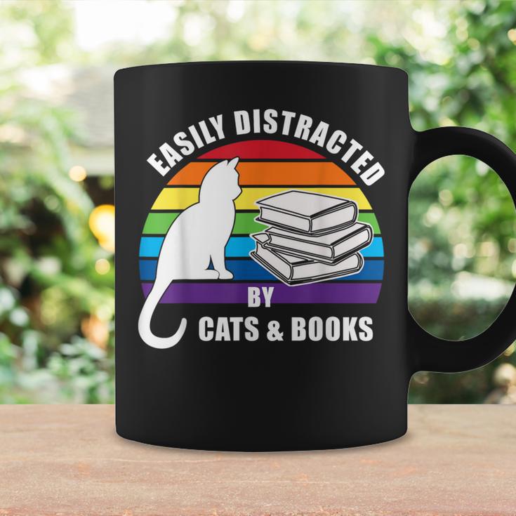 Easily Distracted By Cats And Books – Retro Sunset Rainbow Graphic Print Coffee Mug Gifts ideas