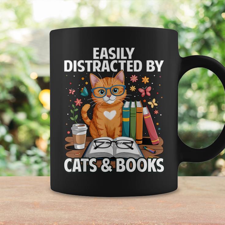 Easily Distracted By Cats And Books Book Lover Cat Graphic Print Coffee Mug Gifts ideas