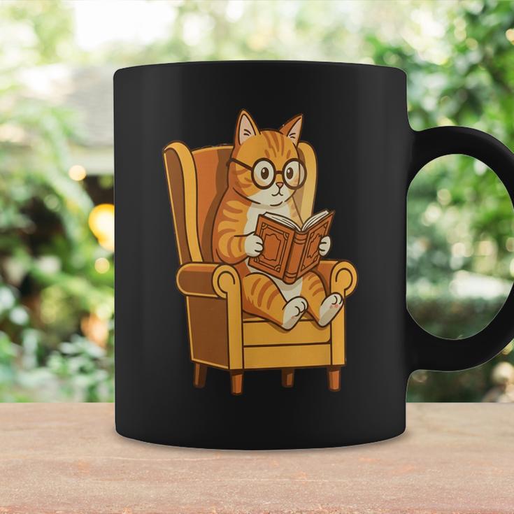 Ginger Tabby Cat Reading Book Glasses Retro Illustration Graphic Print Coffee Mug Gifts ideas