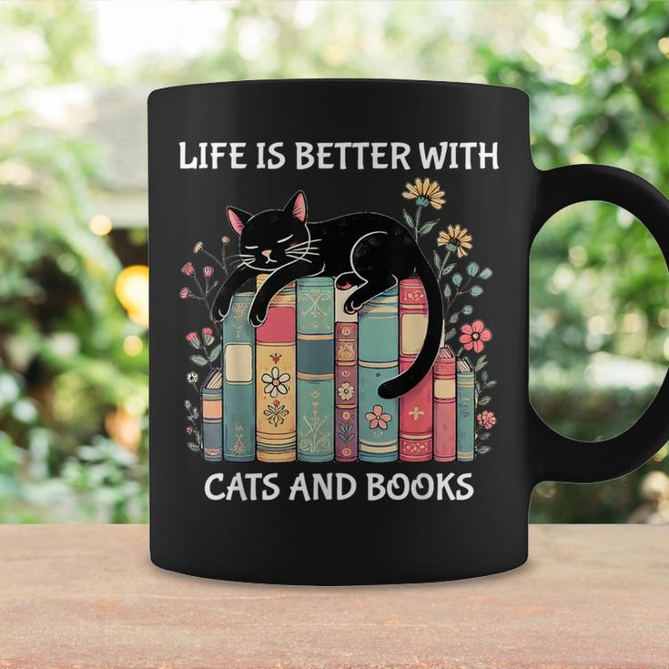 Life Is Better With Cats And Books Cute Cat Lover Graphic Print Coffee Mug Gifts ideas