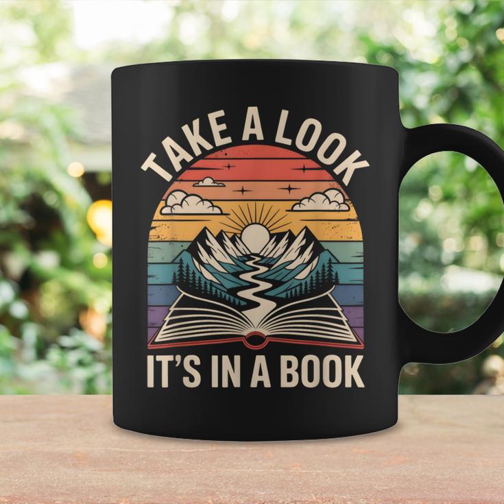 Take a Look It’s In a Book Vintage Sunset Mountain Reading Graphic Print Coffee Mug Gifts ideas