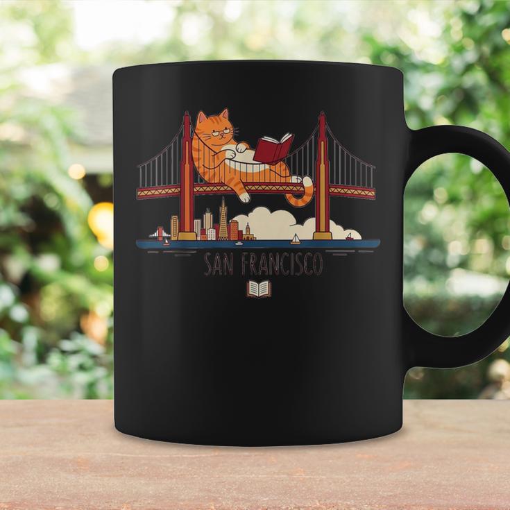 San Francisco Big Cat Reading Book Golden Gate Bridge Graphic Print Coffee Mug Gifts ideas