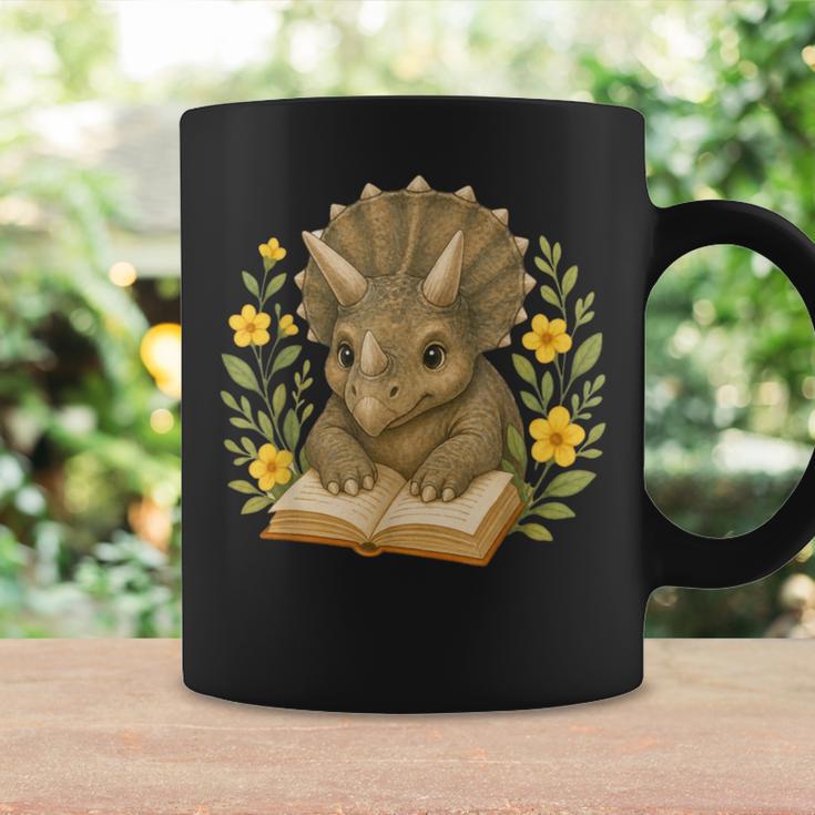 Triceratops Dinosaur Reading Book Flowers Floral Graphic Print Coffee Mug Gifts ideas