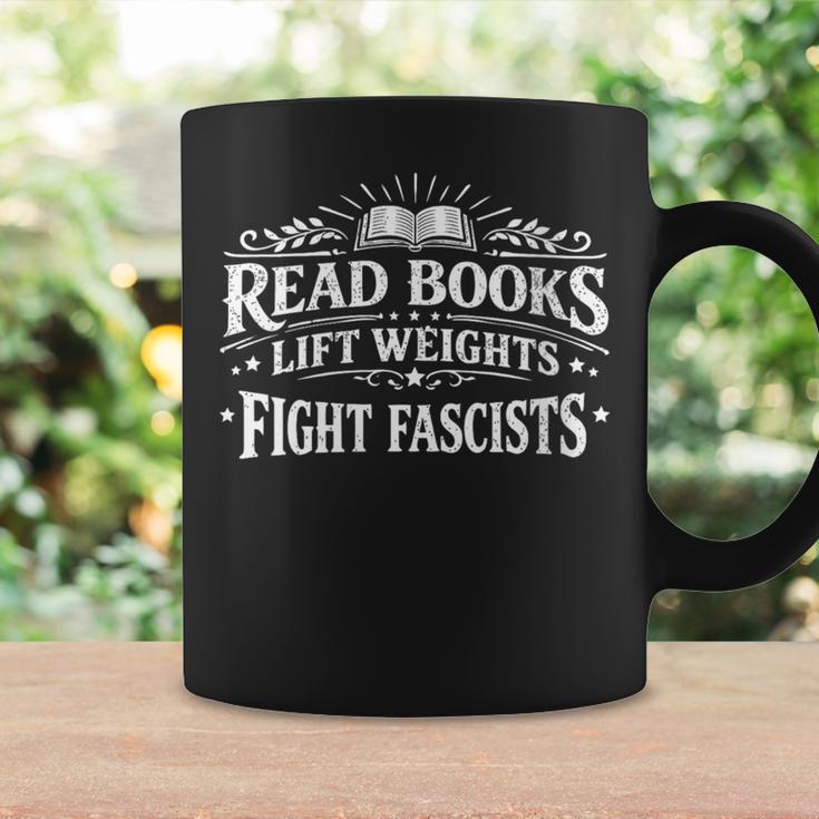 Women's Read Books Lift Weights Fight Fascists Reading Meme Graphic Print Coffee Mug Gifts ideas