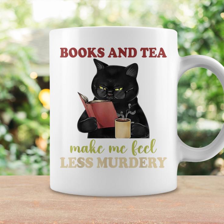 Cat Books And Tea Make Me Feel Less Murdery Quote Graphic Print Coffee Mug Gifts ideas