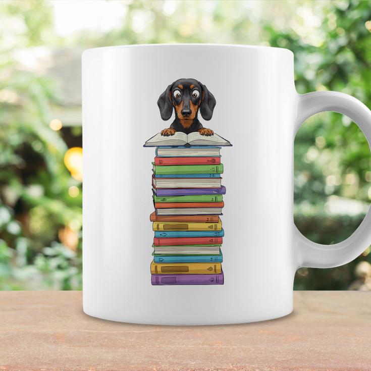 Cute Wiener Dog Dachshund Reading On Pile Of Books Graphic Print Coffee Mug Gifts ideas