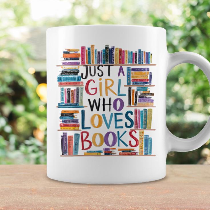 Just A Girl Who Loves Books Bookshelf Female Book Lovers Graphic Print Coffee Mug Gifts ideas