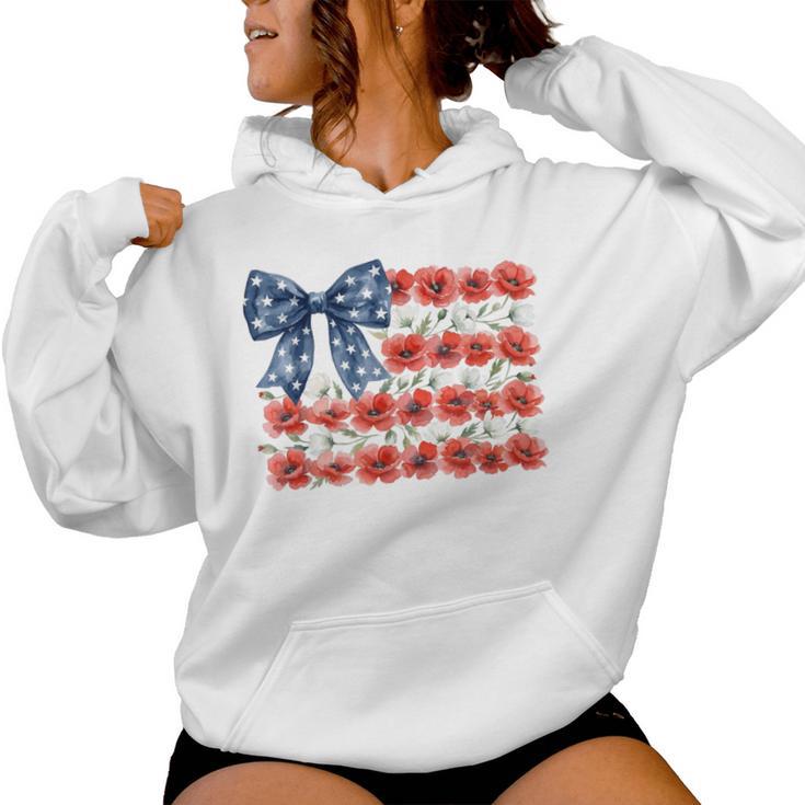 Floral American Flag Coquette Bow Usa 4Th Of July Patriotic Women Hoodie