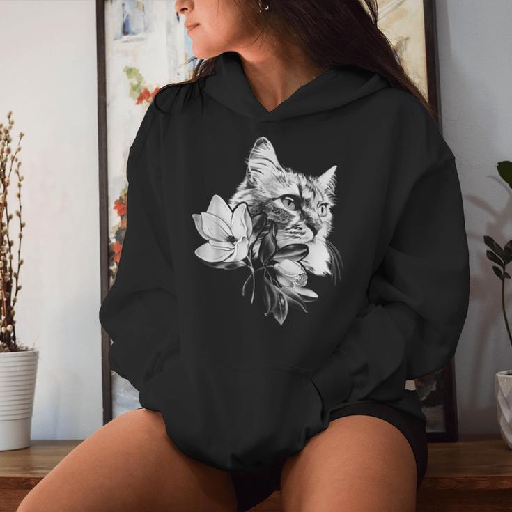 マグノリアの花と美しい猫 レディースパーカー 彼女への贈り物