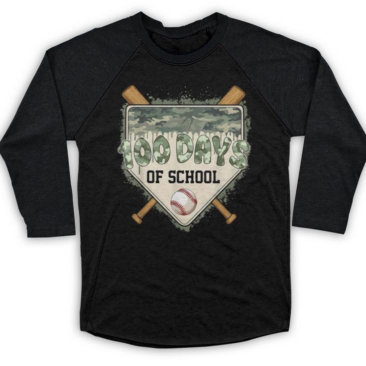 100 Days Of School Home Plate Camo Baseball Dripping Boys Baseball Raglan Shirt