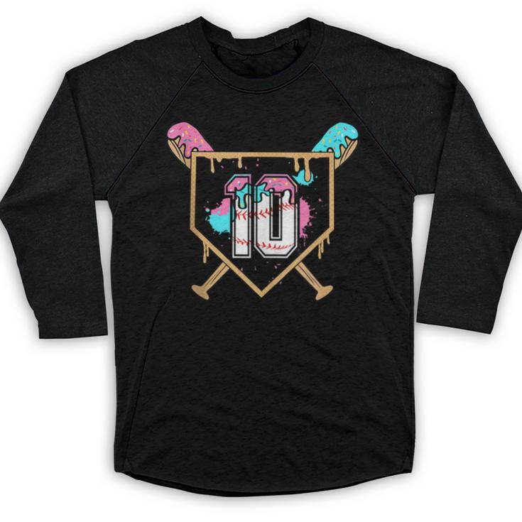 10th Birthday Baseball Bat Ice-Cream Drip 10yrs Old Boys Baseball Raglan Shirt