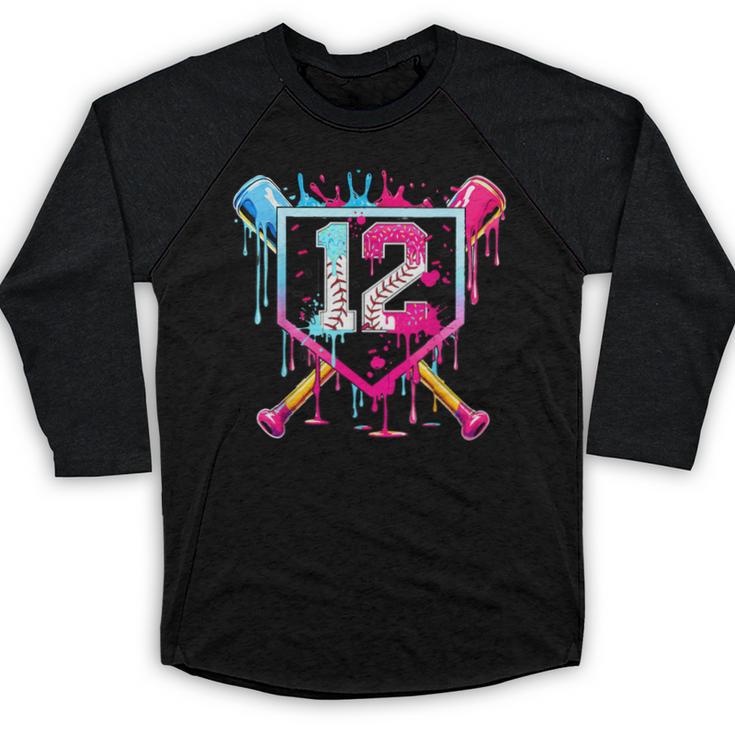 12th Birthday Boys Baseball Ice Cream Drip Boys Baseball Baseball Raglan Shirt