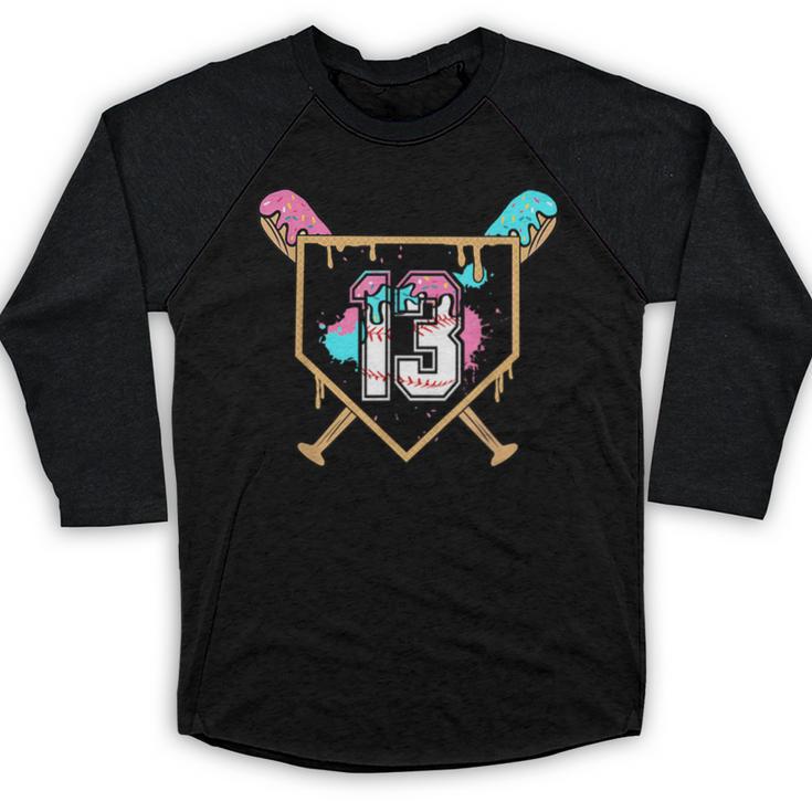 13th Birthday Baseball Bat Ice-Cream Drip 13yrs Old Boy Kid Baseball Raglan Shirt