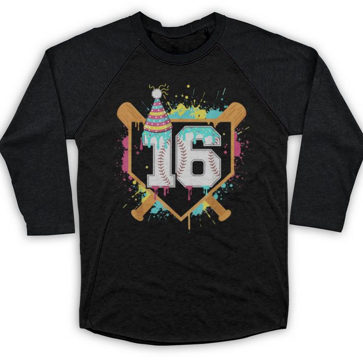 16th Birthday Baseball Drip Number 16 Year Old Birthday Boy Baseball Raglan Shirt