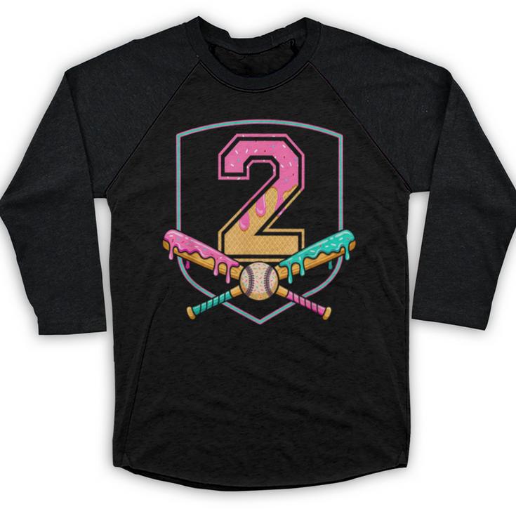 2nd Birthday Baseball Bat Ice-Cream Drip 2yrs Old Boys Kids Baseball Raglan Shirt