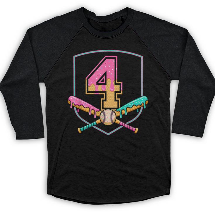 4th Birthday Baseball Bat Ice-Cream Drip 4yrs Old Boys Girls Baseball Raglan Shirt