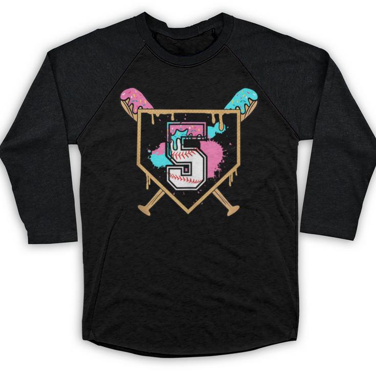 5th Fifth Birthday Baseball Bat Ice-Cream Drip 5yrs Old Boys Baseball Raglan Shirt