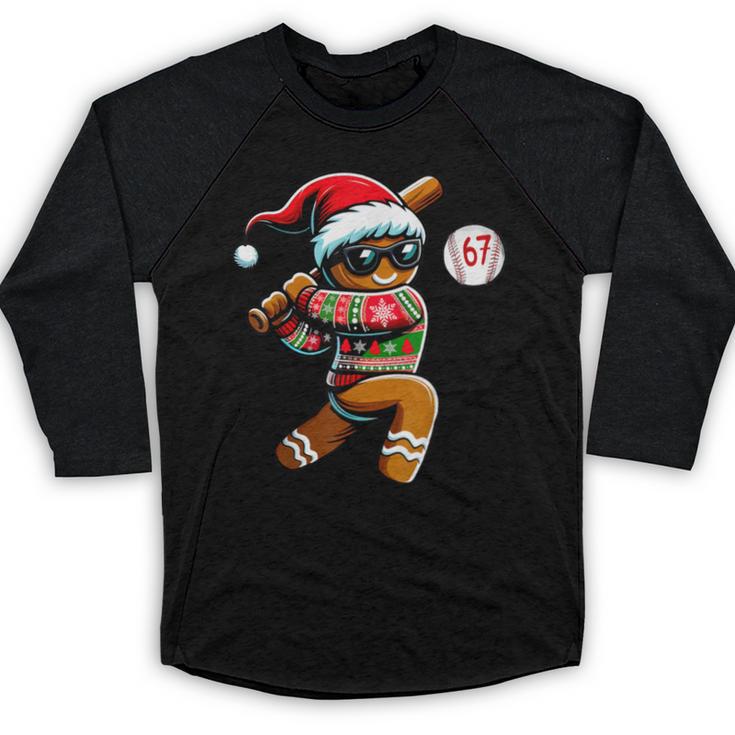 67 Gingerbread Man Playing Baseball Christmas 6 7 Meme Baseball Raglan Shirt