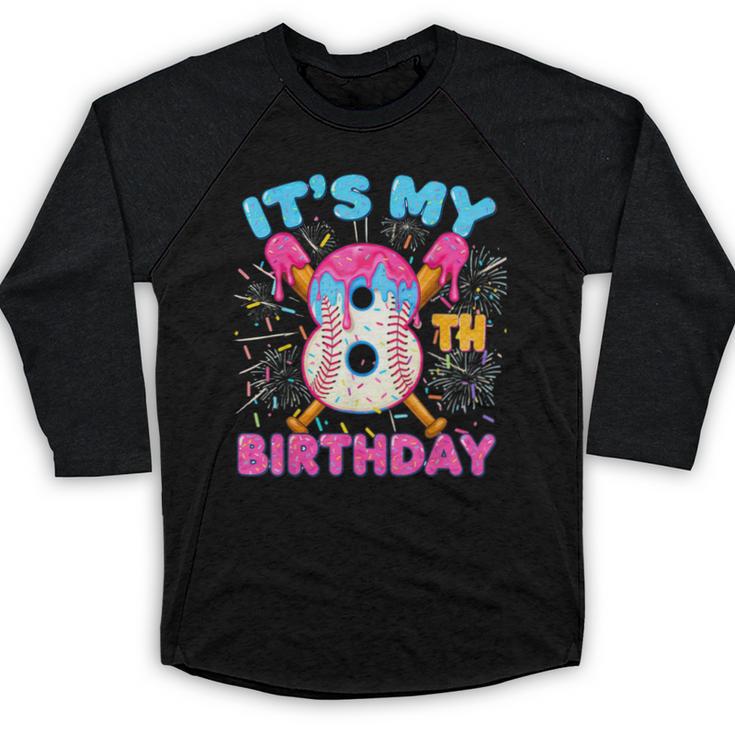 8th Birthday Baseball 8 Year Old Ice Cream Drip Boy Baseball Baseball Raglan Shirt
