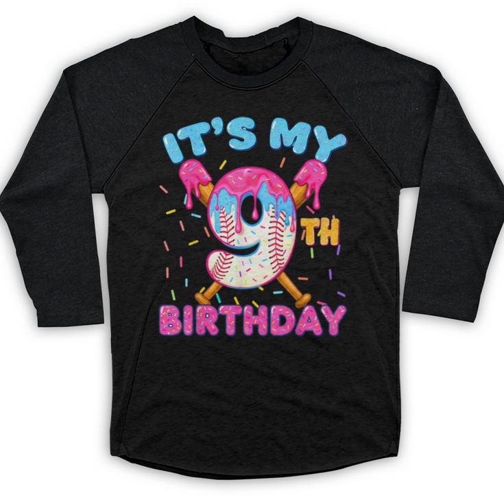 9th Birthday Baseball 9 Year Old Ice Cream Drip Boy Baseball Baseball Raglan Shirt