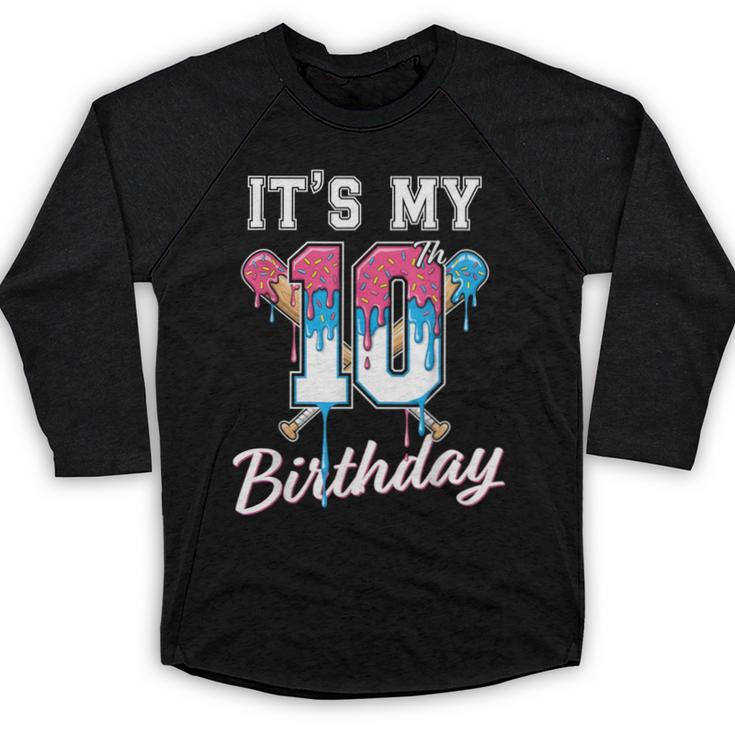 Baseball 10 Year Old Ice Cream Drip 10th Birthday Boys Baseball Raglan Shirt