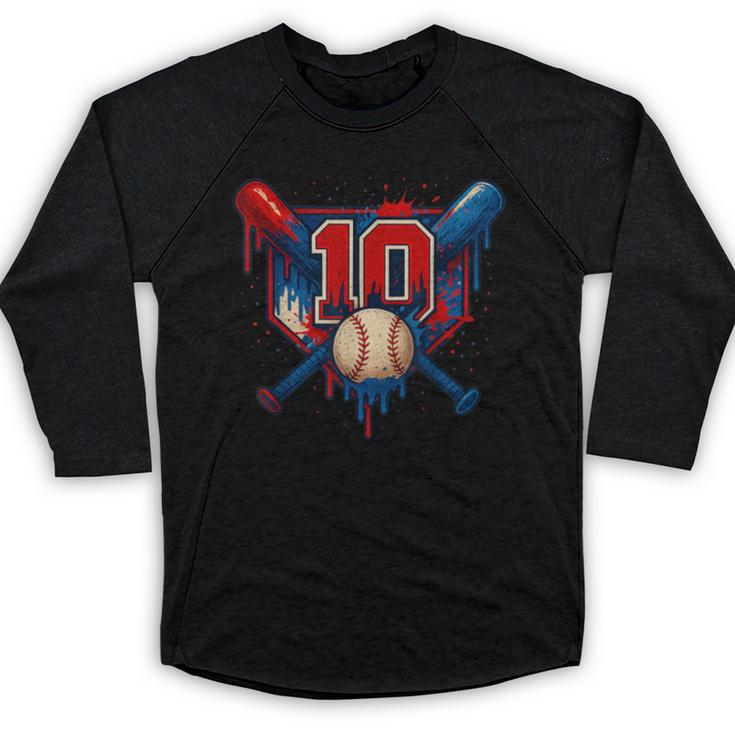 Baseball 10 Year Old Splash Drip 10th Birthday Boy Number 10 Baseball Raglan Shirt