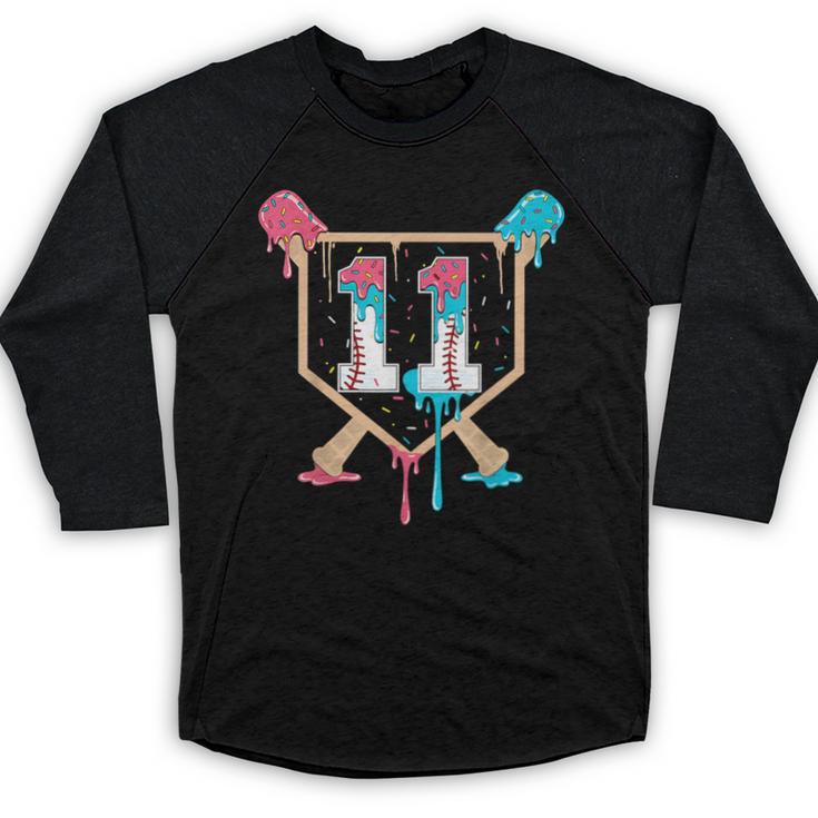 Baseball 11 Year Old Ice Cream Drip 11th Birthday Boy Player Baseball Raglan Shirt