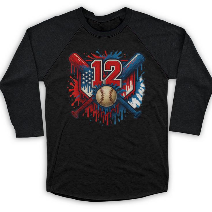 Baseball 12 Year Old Splash Drip 12th Birthday Boy Number 12 Baseball Raglan Shirt