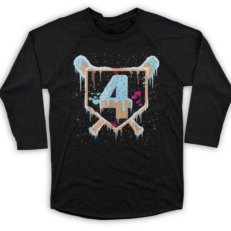 Baseball 4 Year Old Ice Cream Drip 4th Birthday Boy Number 4 Baseball Raglan Shirt