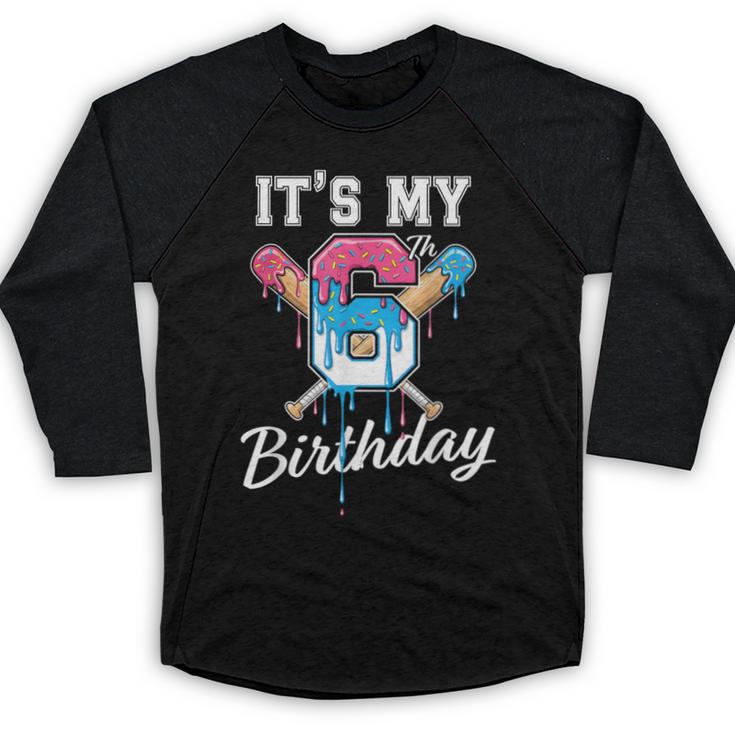 Baseball 6 Year Old Ice Cream Drip 6th Birthday Boy Number 6 Baseball Raglan Shirt