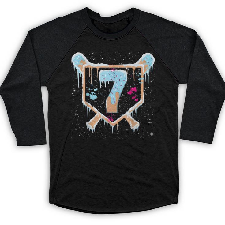 Baseball 7 Year Old Ice Cream Drip 7th Birthday Boy Number 7 Baseball Raglan Shirt