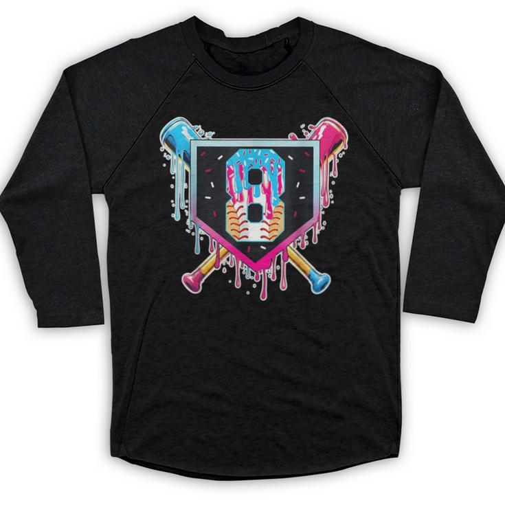 Baseball 8 Year Old Boy Ice Cream Drip 8th Birthday Player Baseball Raglan Shirt