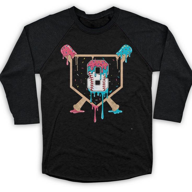 Baseball 8 Year Old Ice Cream Drip 8th Birthday Boys Player Baseball Raglan Shirt