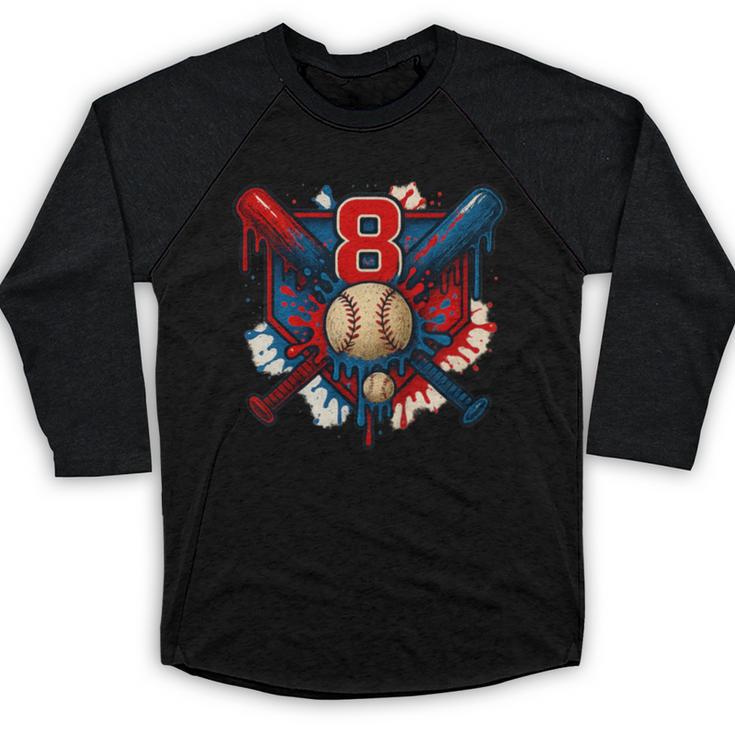 Baseball 8 Year Old Splash Drip 8th Birthday Boy Number 8 Baseball Raglan Shirt