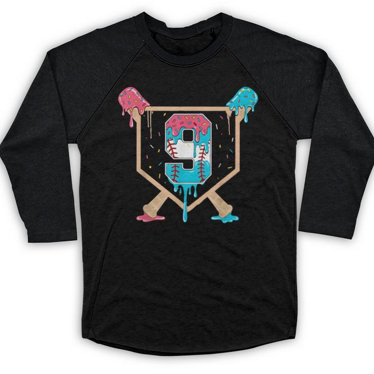 Baseball 9 Year Old Ice Cream Drip 9th Birthday Boys Player Baseball Raglan Shirt