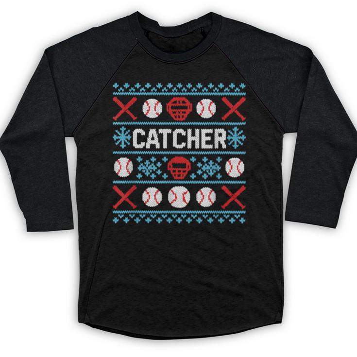 Baseball Catcher Ugly Christmas Sweater Pattern Sports Xmas Baseball Raglan Shirt