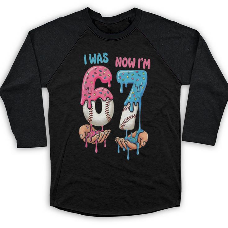 Baseball Ice Cream I Was 6 Now I'm 7 67 Birthday Boy Baseball Raglan Shirt